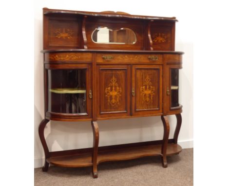 Edwardian rosewood side cabinet, open shelf on raised back,  satinwood marquetry and stringing, central bevel glazed mirror, 