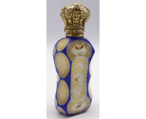Bohemian glass scent flask in blue, white and gilt with gilded hinged cover inscribed 'Mordan & Co, London' L8.5cm Condition 