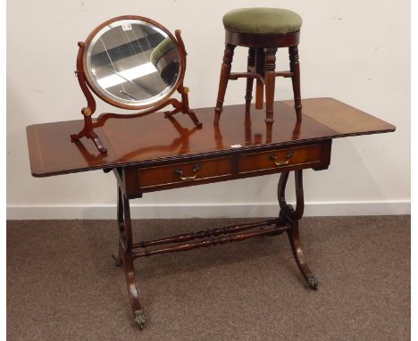 20th century regency style mahogany sofa table, rectangular moulded top with satinwood stringing over two drawers and two dum