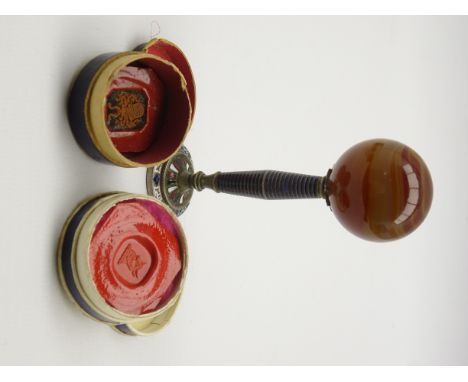 Desk seal with enamel stem and base, inset with a monogram and with agate ball finial H9cm and a number of wax seal impressio