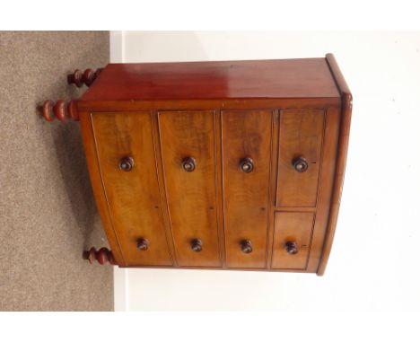 Victorian mahogany bow-front chest, with two short and three long figured graduating drawers, turned feet, W100cm, H128cm, D5