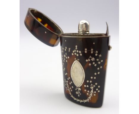 Tortoiseshell case with silver pique decoration containing a glass scent flask L7cm Condition Report & Further Details Click 