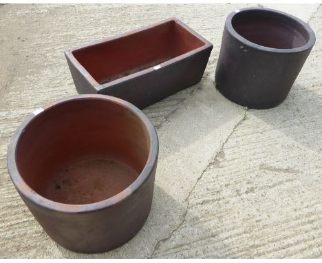 Pair rustic cylindrical terracotta planters, (W54cm, H44cm) and a matching trough (81cm x 41xm, H30cm) Condition Report & Fur