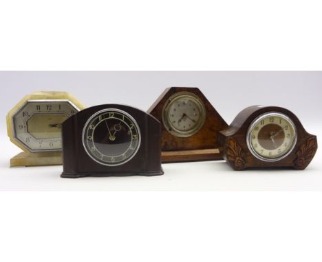 Art Deco eight day onyx mantle clock, (W18cm), an early 20th century burr walnut and oak Smiths mantel clock, (W27cm), a Smit