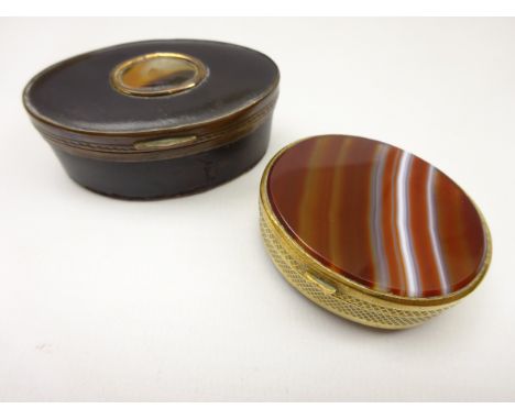 Gilt metal and banded agate oval snuff box with hinged cover 4cm x 3.5cm and a late 18th/ early 19th Century oval papier mach