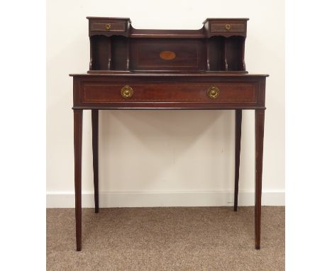 Edwardian mahogany bonheur du jour writing table, two small drawers above pigeon holes, enclosing open shelf pen tray, rectan