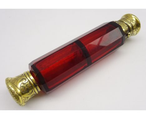 Victorian ruby glass double ended scent flask of panel sided design with engraved gilt metal mounts L15cm  Condition Report &