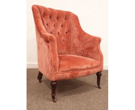 Victorian walnut framed button back arm chair, upholstered pink velvet, on turned front supports with ceramic castors, W64cm 