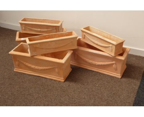 Three sets of two 'terracotta trough' rectangular planters, decorated with wheat swags, 62cm x 25cm, H26cm (Max) Condition Re