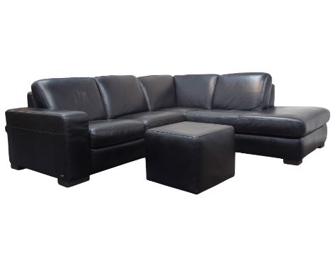 Natutsti corner sofa upholstered in black leather with optional headrests, complete with cube stool, W244cm x D215cm  Conditi