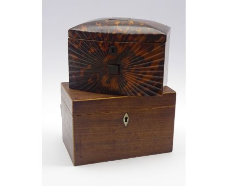 Regency Tortoiseshell tea caddy of bowed rectangular design with radial fluted front, the interior with 2 covered containers 