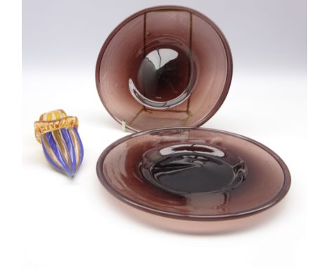 Pair of 19th Century spun Amethyst glass shallow dishes D20cm and a Venetian coloured glass slipper L15cm Condition Report & 
