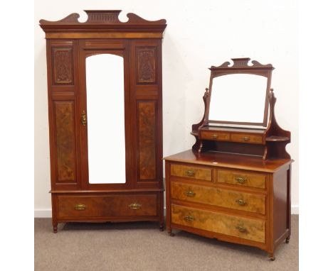 Edwardian walnut two piece bedroom suite, comprising of single wardrobe, broken arch pediment, projecting cornice, bevel glaz