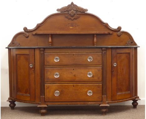 Victorian stained pine break bow front chiffonier, scrolled acanthus carved top rail, open shelf on turned supports, ebonised