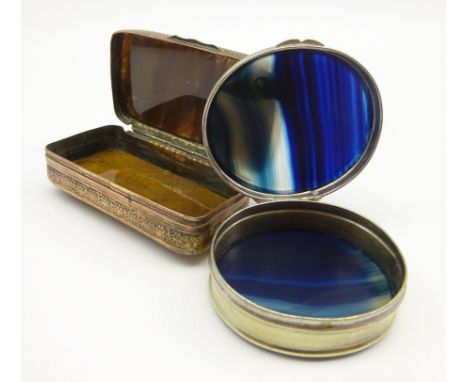 Moss agate rectangular snuff box with metal mounts 6cm x 3cm and a plated oval snuff box with blue agate hinged lid 4.5cm x 4