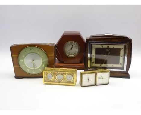 Early 20th century walnut cased Smith mantel clock, (W24cm) an art deco style mahogany mantel clock, (W28cm) a 1950s 'Time sa