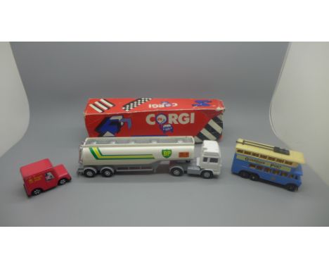 A Corgi Toys BP Tanker with box, box a/f, a Lledo trolley bus and an Ertl Royal Mail van 