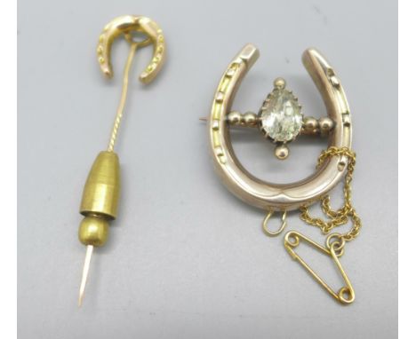 A gold horseshoe brooch and a late Victorian hallmarked 9ct gold horseshoe stick pin, brooch marked 'gold', 5.1g