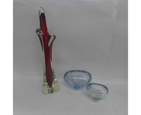 A 1960's ruby red glass vase, 40cm and two smaller Whitefriars glass vases 