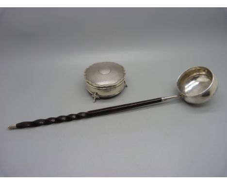 A silver trinket pot and an early toddy ladle with baleen handle, bowl repaired 