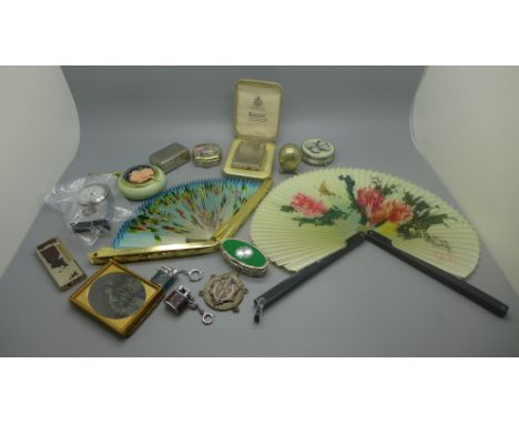 Assorted items including a Rennie Macintosh style clock, lighters, pill boxes, etc. 