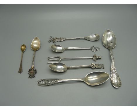 Four silver spoons including a salt spoon, 48g, three other spoons and a fork 