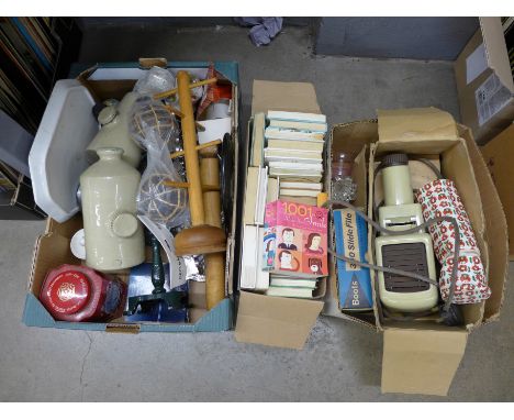 Observer and other books, projector, slide box, Aynsley and other china, silver plate, a City Hospital, desk stamp, stoneware