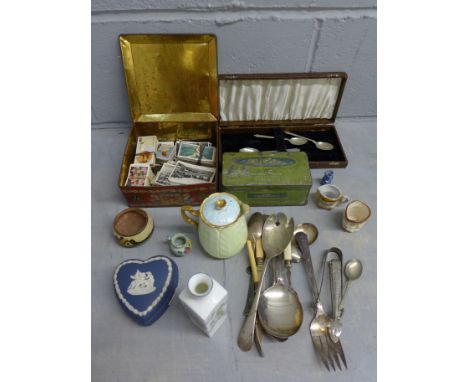 A selection of metal table ware, cigarette cards and various ceramic items **PLEASE NOTE THIS LOT IS NOT ELIGIBLE FOR POSTING