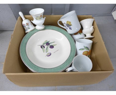Six Wedgwood Sarah's Garden large soup dishes, two small Wedgwood vases, a bell and four Royal Worcester Evesham mugs **PLEAS