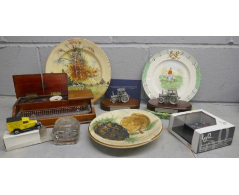 Three plates; Davenport hunting scene, one studio pottery, a Royal Doulton plate, a wooden ink well set with glass ink well, 