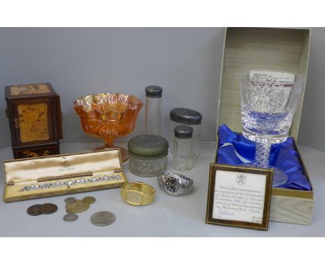 A vintage paste link bracelet, boxed, a Casio Edifice watch, a Lonifrey wristwatch, 1965, a Churchill coin, Centenary 1971 Co