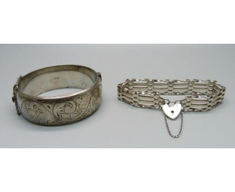 A silver bangle and a silver gate bracelet, 45g 