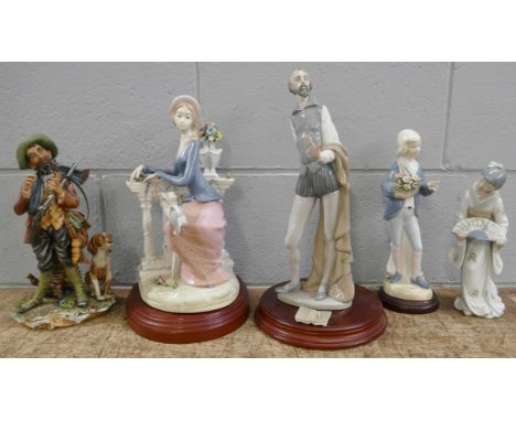 A Mediflor Spanish figure of a seated lady with dog on lap, chip to dog's ear, two Nao figures, one a/f and another Spanish f