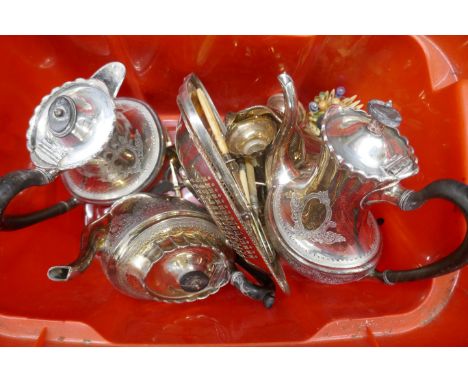 A silver plated tea service, mixed silver plate and a box of small novelty pewter thimbles **PLEASE NOTE THIS LOT IS NOT ELIG
