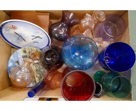 A collection of glassware including coloured glass, four Royal Doulton limited edition collectors plates depicting aircraft, 