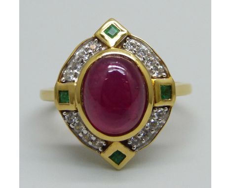 A silver gilt, ruby, emerald and zircon ring, R/S 