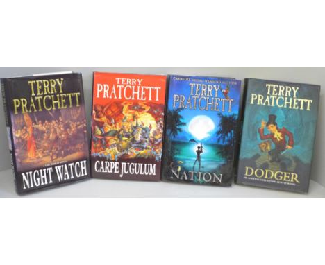 Four hardback first edition novels by Terry Pratchett, Carpe Jugulum, Night Watch, National and Dodger 