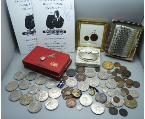 A Stratton Jubilee compact, a silver locket on a plated chain, badges, a collection of coins including Churchill crowns, and 