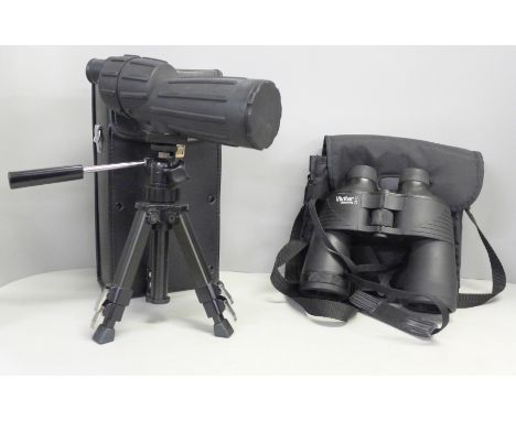 A Hakko D=50mm spotting scope, tripod and a pair of Vivitar 7 x 50 binoculars 