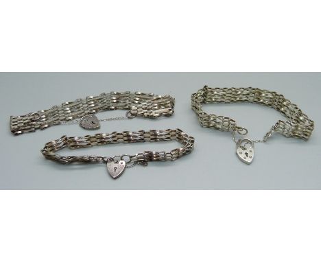 Three silver gate bracelets, 32g 