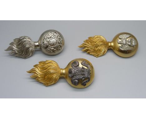 Three British Army Busby fur hat badges 