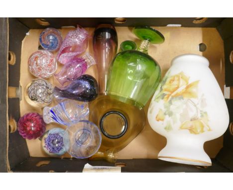 A box of mixed glass, Langham paperweights, Caithness glass vases, etc. **PLEASE NOTE THIS LOT IS NOT ELIGIBLE FOR POSTING AN