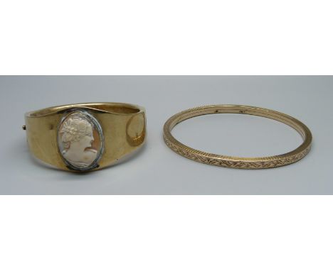 A vintage cameo set bangle and a rolled gold bangle marked made in Baden 