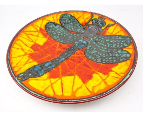 Poole Pottery Studio charger by Tony Morris, painted with a single Dragonfly with leaded style overlay, on an orange and yell