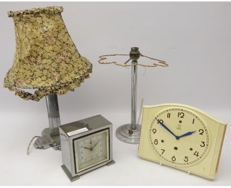 Two Art Deco chrome table lamps & Temco Electric mantle clock and a vintage German H.A.C porcelain wall clock (4) Condition R