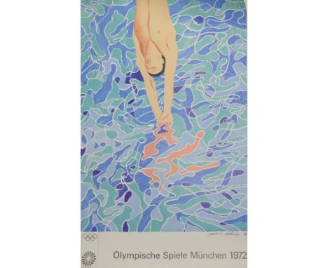 David Hockney (British 1937-): 'The Diver', original lithograph poster 'Olympische Spiele München 1972, unframed, 99cm x 62.5