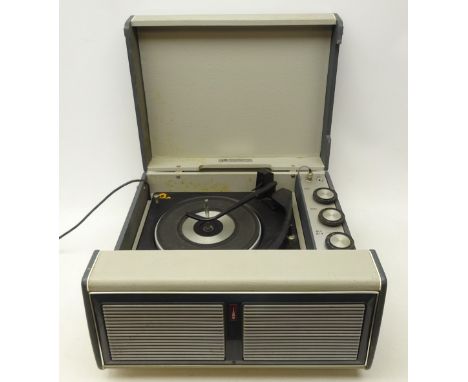 Vintage Bush Monarch record player, serial no. 767/01896 in grey leatherette case with speakers, L45cm  Condition Report Clic