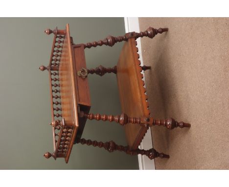 Late 19th century walnut side table, galleried rectangular moulded top above drawer, bobbin turned splayed supports connected