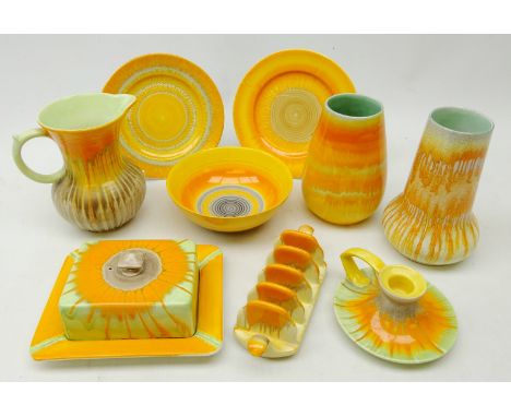 Nine pieces of Shelley Art Deco Harmony drip glaze ceramics comprising two vases, H16cm, chamber stick, toast rack, butter di