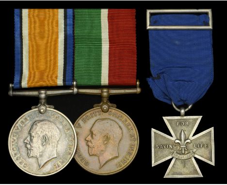 A Boy Scouts Association Gallantry Cross Second Class group of three awarded to Pack Leader B. C. Finch, later Mercantile Mar